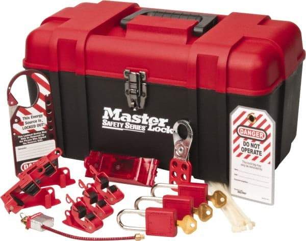 Master Lock - 13 Piece Electrical Lockout Kit - 1-1/2 Inch Vertical Shackle Clearance, 1/4 Inch Shackle Diameter, Keyed Alike Comes in Tool Box - Top Tool & Supply