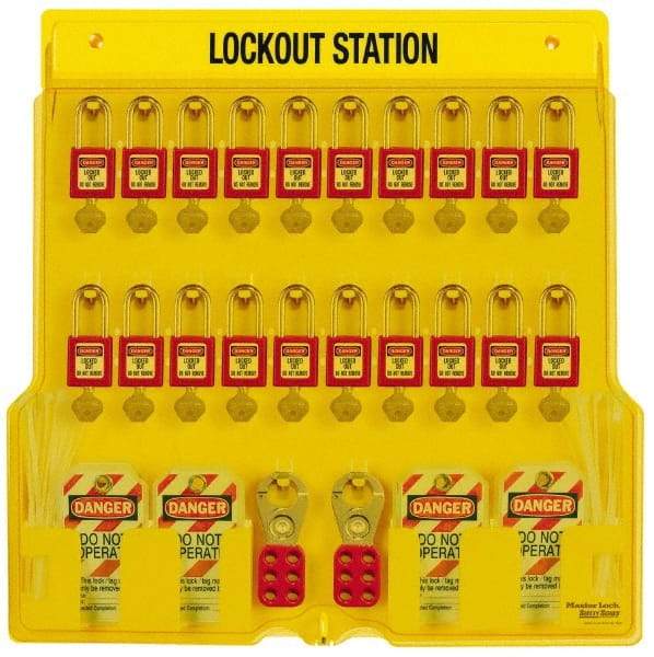 Master Lock - 28 Piece, Equipped Polycarbonate Padlock Station - 22 Inch Wide x 22 Inch High x 1-3/4 Inch Deep, Black on Yellow, Covered - Top Tool & Supply