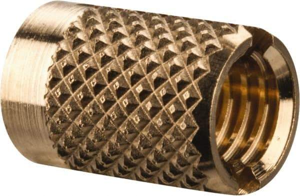 E-Z LOK - M5x0.80 Metric Coarse Brass Flush Press Fit Threaded Insert for Plastic - 3/8" OAL, 0.262" Insert Diam, 1/4" Hole Diam, 1/4" Drill - Top Tool & Supply