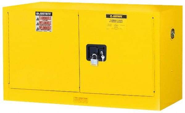 Justrite - 2 Door, 1 Shelf, Yellow Steel Stackable Safety Cabinet for Flammable and Combustible Liquids - 24" High x 43" Wide x 18" Deep, Self Closing Door, 17 Gal Capacity - Top Tool & Supply