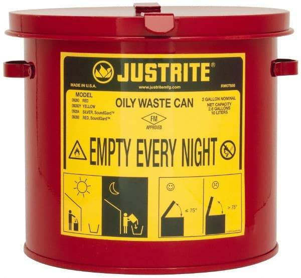 Justrite - 2 Gallon Capacity, Galvanized Steel Oily Waste Can - 9-5/8 Inch Wide/Diameter x 9-1/8 Inch High, Red, Hand Operated, Approved FM - Top Tool & Supply