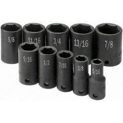 SK - 3/8" Drive Semi-Deep Impact Socket Set - 5/16 to 7/8", Inch Measurement Standard - Top Tool & Supply