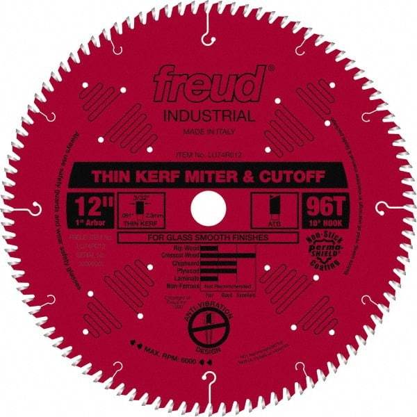 Freud - 12" Diam, 1" Arbor Hole Diam, 96 Tooth Wet & Dry Cut Saw Blade - Carbide-Tipped, Standard Round Arbor - Top Tool & Supply