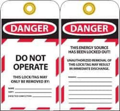 NMC - 3" High x 6" Long, DANGER - DO NOT OPERATE - THIS LOCK/TAG MAY ONLY BE REMOVED BY:, English Safety & Facility Lockout Tag - Tag Header: Danger, 2 Sides, Black, Red & White Unrippable Vinyl - Top Tool & Supply