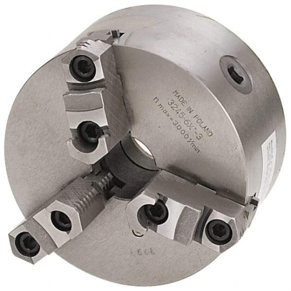 Bison - 3 Jaws, 6" Diam, Self Centering Manual Lathe Chuck - D1-5 Mount Spindle, Reversible, 4,500 Max RPM, 1.6535" Through Hole Diam, 0.0008" Axial Runout, 0.0012" Radial Runout, Forged Steel - Top Tool & Supply