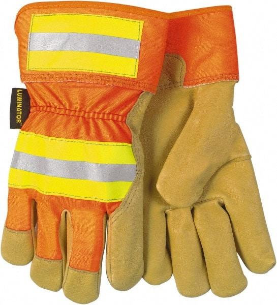 MCR Safety - Size M Pigskin General Protection Work Gloves - For General Purpose, Uncoated, Safety Cuff, Tan/Hi-Vis Orange, Paired - Top Tool & Supply