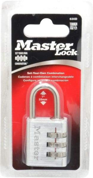 Master Lock - 1-3/16" Body Width, 1" Shackle Clearance, Die Cast Zinc Silver Coating Combination Lock - 3/16" Shackle Diam, 9/16" Shackle Width - Top Tool & Supply