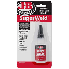 J-B Weld - Glue; Type: Instant Adhesive ; Container Size Range: Smaller than 1 oz. ; Container Type: Bottle ; Color: Clear ; Working Time (sec.): 5 to 10 ; Full Cure Time (Hours): 24.00 - Exact Industrial Supply
