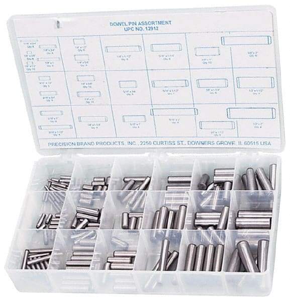 Precision Brand - 176 Piece, 1/16 to 1/2" Pin Diam, Dowel Pin Assortment - 1/2 to 2" Long, Steel, Uncoated - Top Tool & Supply