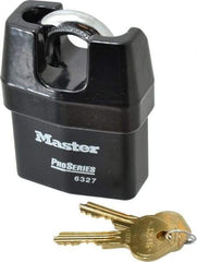 Master Lock - 3/4" Shackle Clearance, Keyed Different Padlock - 7/8" Shackle Width, 7/16" Shackle Diam, Laminated Steel - Top Tool & Supply