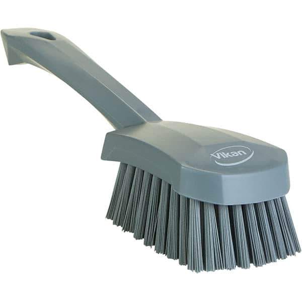 Vikan - 1.3" Bristle Length, Polyester Scrub Brush - 4-1/4" Long x 2-3/4" Wide Head, 10" OAL, Ergonomic Handle, Gray, Polypropylene Block - Top Tool & Supply