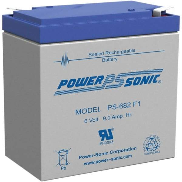 Power-Sonic - Lead-Acid, Quick-Disconnect Tab Terminal, 6 Volt, 9 Amp, Lead Rechargeable Battery - 3/16" Tab Width x 0.8mm Tab Thickness, 2.2" Wide x 4.65" High x 3.86" Deep - Top Tool & Supply