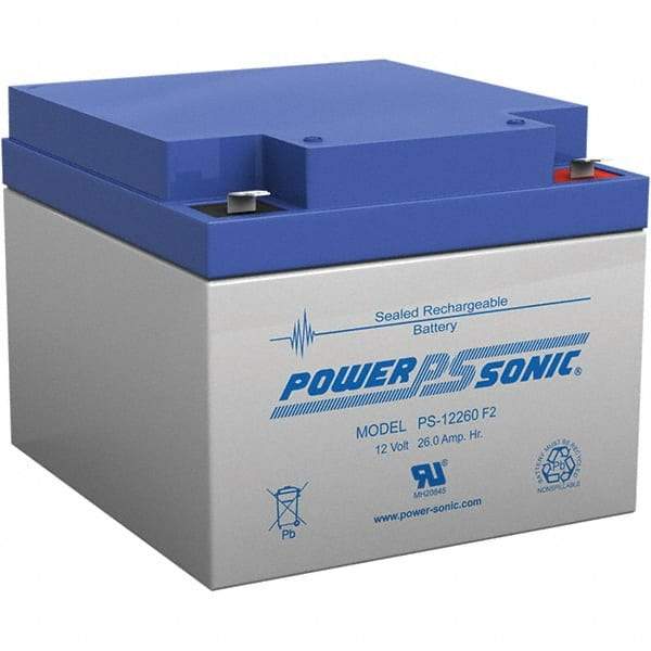 Power-Sonic - Lead-Acid, Quick-Disconnect Tab Terminal, 12 Volt, 26 Amp, Lead Rechargeable Battery - 1/4" Tab Width x 0.8mm Tab Thickness, 6.97" Wide x 4.92" High x 6.56" Deep - Top Tool & Supply