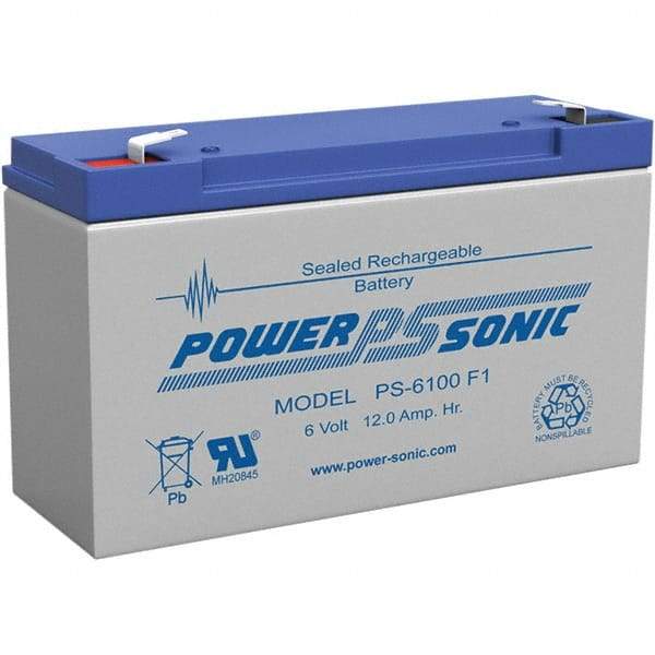 Power-Sonic - Lead-Acid, Quick-Disconnect Tab Terminal, 6 Volt, 12 Amp, Lead Rechargeable Battery - 1/4" Tab Width x 0.8mm Tab Thickness, 2" Wide x 3.7" High x 5.95" Deep - Top Tool & Supply