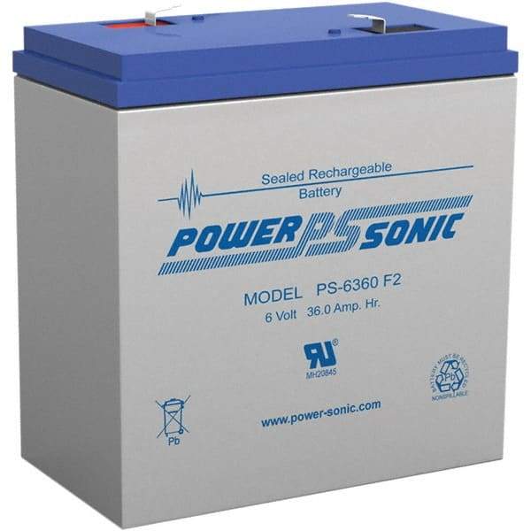 Power-Sonic - Lead-Acid, Quick-Disconnect Tab Terminal, 6 Volt, 36 Amp, Lead Rechargeable Battery - 1/4" Tab Width x 0.8mm Tab Thickness, 3.35" Wide x 6-1/2" High x 6-1/4" Deep - Top Tool & Supply