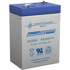 Power-Sonic - Lead-Acid, Quick-Disconnect Tab Terminal, 6 Volt, 4.5 Amp, Lead Rechargeable Battery - 3/16" Tab Width x 0.8mm Tab Thickness, 1.86" Wide x 3.94" High x 2.76" Deep - Top Tool & Supply