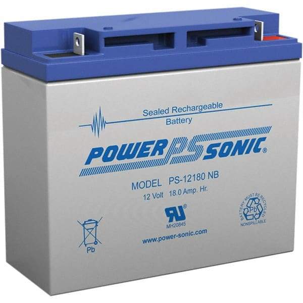 Power-Sonic - Lead-Acid, Nut/Bolt Terminal, 12 Volt, 18 Amp, Lead Rechargeable Battery - 5mm Hole Diam, 2mm Tab Thickness, 3" Wide x 6.59" High x 7.13" Deep - Top Tool & Supply