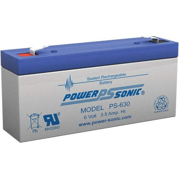 Power-Sonic - Lead-Acid, Quick-Disconnect Tab Terminal, 6 Volt, 3.5 Amp, Lead Rechargeable Battery - 3/16" Tab Width x 0.8mm Tab Thickness, 1.34" Wide x 2.35" High x 5.28" Deep - Top Tool & Supply