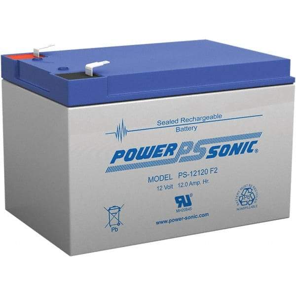 Power-Sonic - Lead-Acid, Quick-Disconnect Tab Terminal, 12 Volt, 12 Amp, Lead Rechargeable Battery - 1/4" Tab Width x 0.8mm Tab Thickness, 3.86" Wide x 3.7" High x 5.95" Deep - Top Tool & Supply