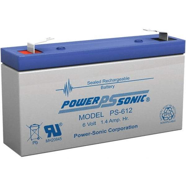 Power-Sonic - Lead-Acid, Quick-Disconnect Tab Terminal, 6 Volt, 1.4 Amp, Lead Rechargeable Battery - 3/16" Tab Width x 0.8mm Tab Thickness, 0.94" Wide x 2" High x 3.82" Deep - Top Tool & Supply