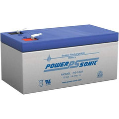 Power-Sonic - Lead-Acid, Quick-Disconnect Tab Terminal, 12 Volt, 3.4 Amp, Lead Rechargeable Battery - 3/16" Tab Width x 0.8mm Tab Thickness, 2.64" Wide x 2.36" High x 5.24" Deep - Top Tool & Supply