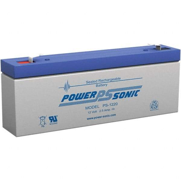 Power-Sonic - Lead-Acid, Quick-Disconnect Tab Terminal, 12 Volt, 2.5 Amp, Lead Rechargeable Battery - 3/16" Tab Width x 0.8mm Tab Thickness, 1.38" Wide x 2.36" High x 7" Deep - Top Tool & Supply