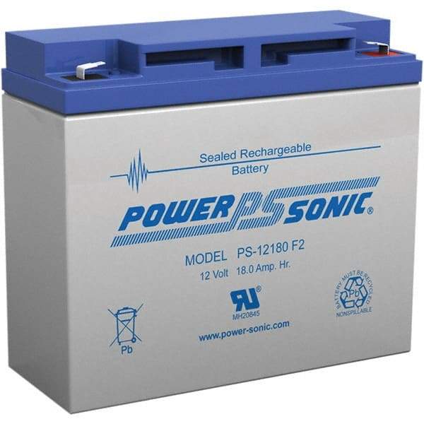 Power-Sonic - Lead-Acid, Quick-Disconnect Tab Terminal, 12 Volt, 18 Amp, Lead Rechargeable Battery - 1/4" Tab Width x 0.8mm Tab Thickness, 3" Wide x 6.59" High x 7.13" Deep - Top Tool & Supply