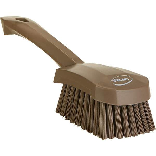 Vikan - 1.3" Bristle Length, Polyester Scrub Brush - 4-1/4" Long x 2-3/4" Wide Head, 10" OAL, Ergonomic Handle, Brown, Polypropylene Block - Top Tool & Supply