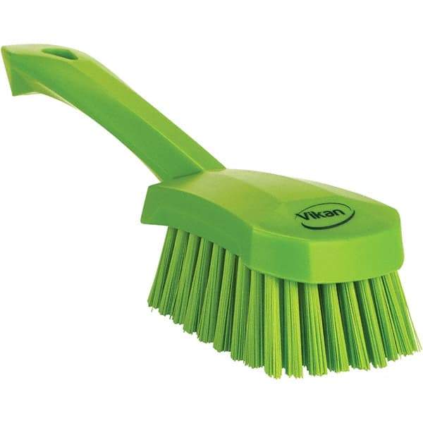 Vikan - 1.3" Bristle Length, Polyester Scrub Brush - 4-1/4" Long x 2-3/4" Wide Head, 10" OAL, Ergonomic Handle, Green, Polypropylene Block - Top Tool & Supply