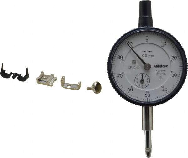 Mitutoyo - 10mm Range, 0-100 Dial Reading, 0.01mm Graduation Dial Drop Indicator - 2-3/16" Dial, 1mm Range per Revolution, 0.013mm Accuracy, Revolution Counter - Top Tool & Supply