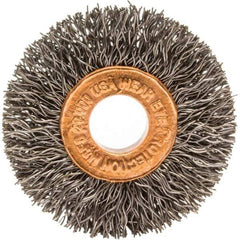 Brush Research Mfg. - 1-1/2" OD, 3/8" Arbor Hole, Crimped Carbon Wheel Brush - 1/4" Face Width, 3/8" Trim Length, 20,000 RPM - Top Tool & Supply