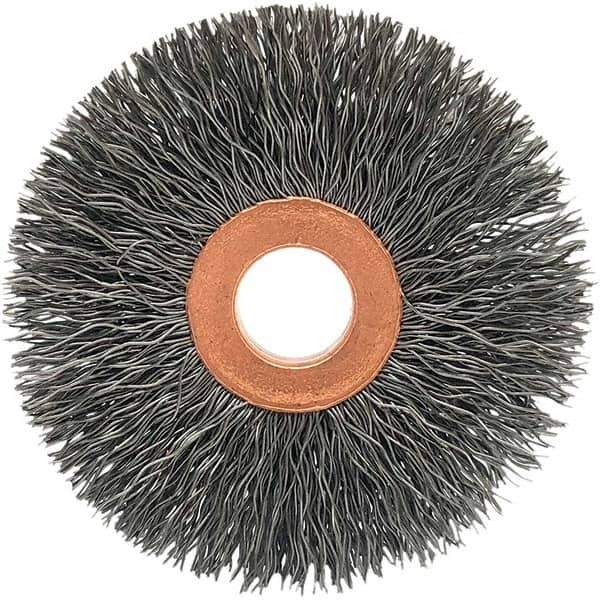 Brush Research Mfg. - 2" OD, 1/2" Arbor Hole, Crimped Carbon Wheel Brush - 3/8" Face Width, 9/16" Trim Length, 20,000 RPM - Top Tool & Supply