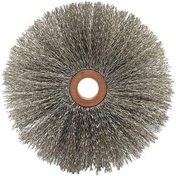 Brush Research Mfg. - 4" OD, 1/2" Arbor Hole, Crimped Stainless Steel Wheel Brush - 5/8" Face Width, 1-9/16" Trim Length, 20,000 RPM - Top Tool & Supply