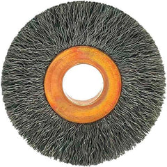 Brush Research Mfg. - 1-1/2" OD, 3/8" Arbor Hole, Crimped Carbon Wheel Brush - 1/4" Face Width, 3/8" Trim Length, 20,000 RPM - Top Tool & Supply