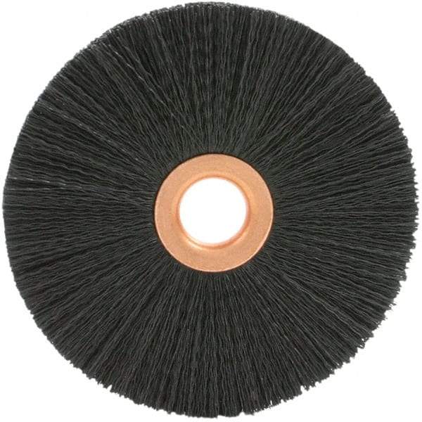 Brush Research Mfg. - 1-1/2" OD, 3/8" Arbor Hole, Crimped 6-12 Nylon Wheel Brush - 1/4" Face Width, 3/8" Trim Length, 20,000 RPM - Top Tool & Supply