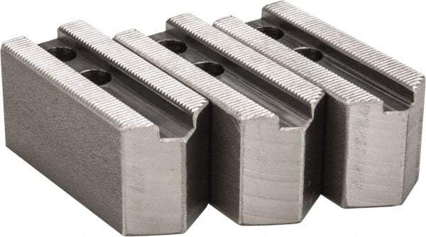 H & R Manufacturing - 1.5mm x 60° Serrated Attachment, Square Soft Lathe Chuck Jaw - 3 Jaws, Steel, 0.787" Btw Mount Hole Ctrs, 3-1/8" Long x 1-1/4" Wide x 1-1/2" High, 0.472" Groove, 10mm Fastener - Top Tool & Supply