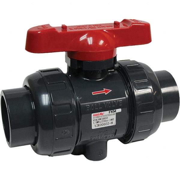 Asahi/America - 1-1/2" Pipe, Full Port, PVC True Union Design Ball Valve - 1 Piece, Socket x Thread Ends, Tee Handle - Top Tool & Supply