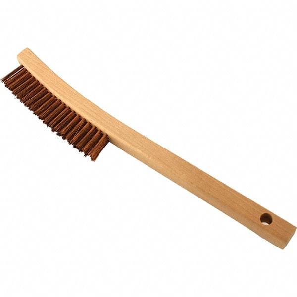 Brush Research Mfg. - 3 Rows x 19 Columns Bronze Scratch Brush - 5-3/4" Brush Length, 13-3/4" OAL, 1-1/8 Trim Length, Wood Curved Back Handle - Top Tool & Supply