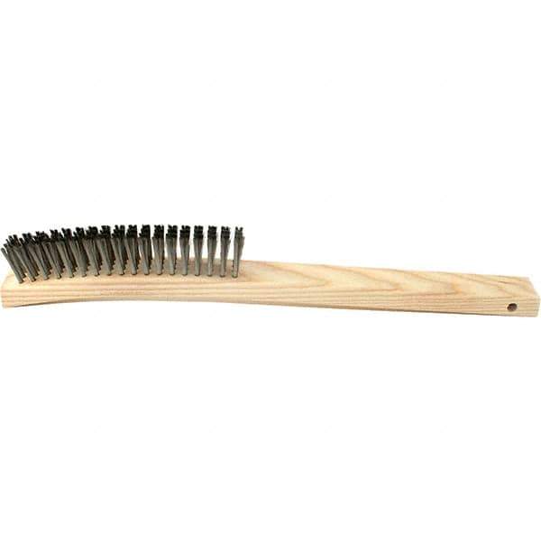 Brush Research Mfg. - 4 Rows x 19 Columns Stainless Steel Scratch Brush - 5-3/4" Brush Length, 14" OAL, 1 Trim Length, Wood Curved Back Handle - Top Tool & Supply