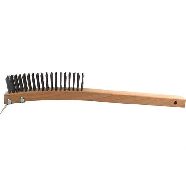 Brush Research Mfg. - 4 Rows x 19 Columns Steel Scratch Brush - 5-3/4" Brush Length, 14" OAL, 1-1/8 Trim Length, Wood Curved Back Handle - Top Tool & Supply