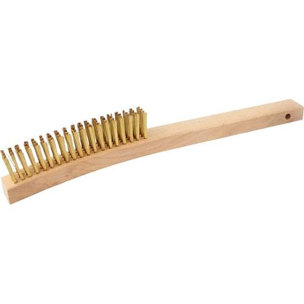 Brush Research Mfg. - 4 Rows x 19 Columns Brass Scratch Brush - 5-3/4" Brush Length, 13-3/4" OAL, 1-1/8 Trim Length, Wood Curved Back Handle - Top Tool & Supply