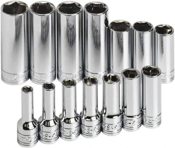 SK - 14 Piece 3/8" Drive Tethered Thin Wall Deep Socket Set - 6 Points, 6 to 19mm, Metric Measurement Standard - Top Tool & Supply