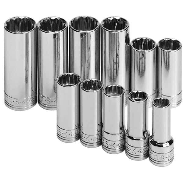 SK - 11 Piece 3/8" Drive Deep Well Socket Set - 12 Points, 9mm to 19mm Range, Metric Measurement Standard - Top Tool & Supply