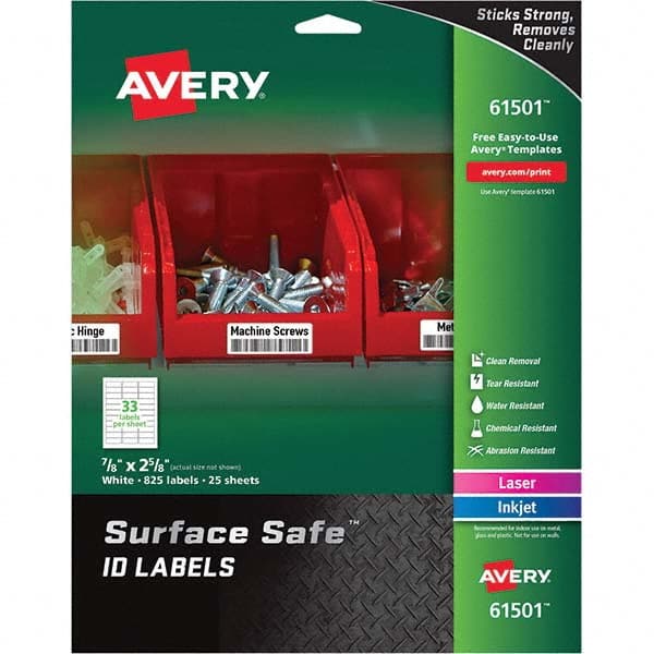 AVERY - Pack of (825), 7/8" x 2-5/8" White Polyester Durable Square Labels - Top Tool & Supply