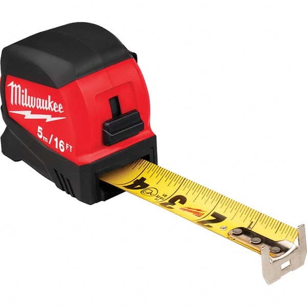 Tape Measure: 16' Long, 1-3/16″ Width, Black & Yellow Blade 1/16″ Graduation, Inch Graduation, Black & Red Case