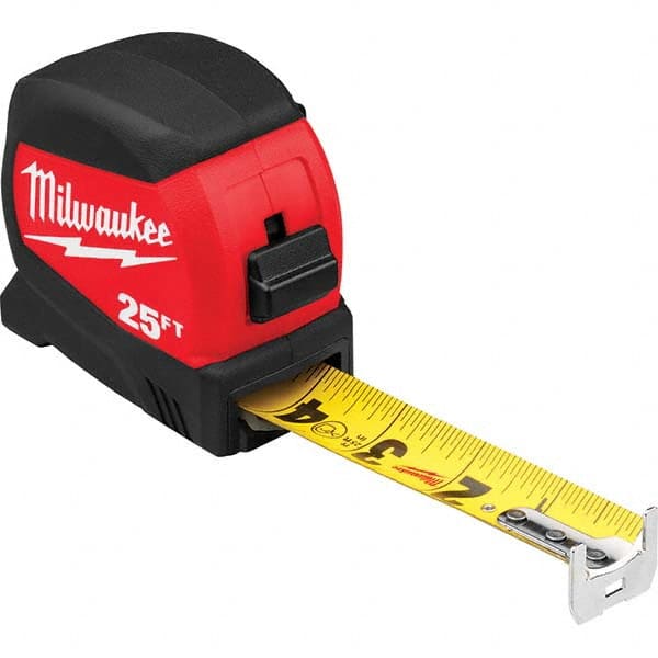 Tape Measure: 25' Long, 1-3/16″ Width, Black & Yellow Blade 1/16″ Graduation, Inch Graduation, Black & Red Case