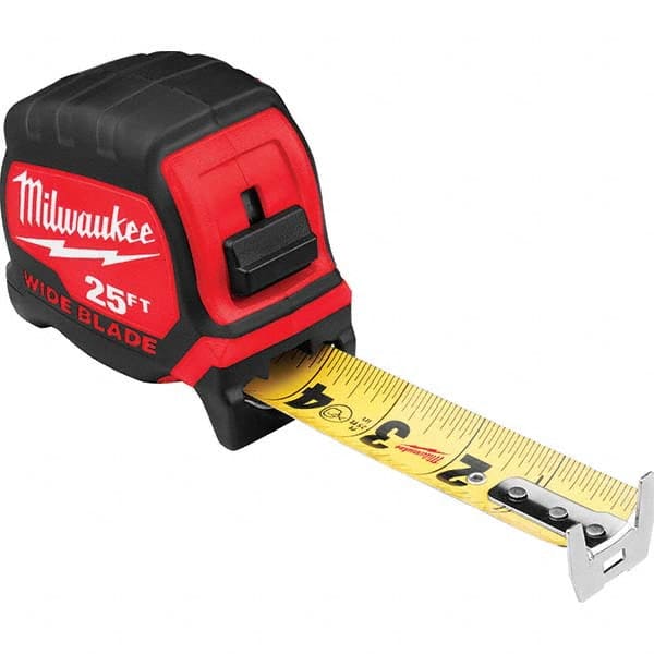 Tape Measure: 25' Long, 1-5/16″ Width, Black & Yellow Blade 1/16″ Graduation, Inch Graduation, Black & Red Case