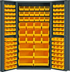 36"W - 14 Gauge - Lockable Bin Cabinet - With 132 Yellow Hook-on Bins - Deep Door Style - Gray - Top Tool & Supply
