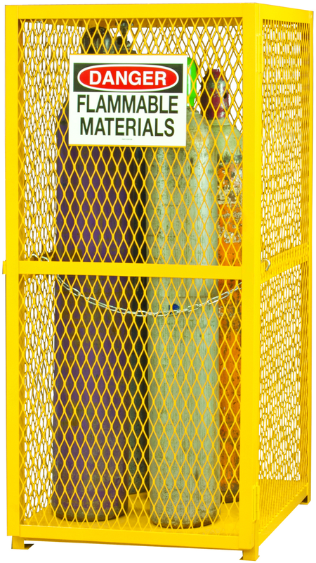 30" W - All welded - Angle Iron Frame with Mesh Side - Vertical Gas Cylinder Cabinet - Magnet Door - Safety Yellow - Top Tool & Supply