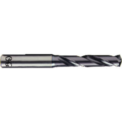 10.5 mm Dia. × 41/64″ Shank × 55 mm Flute Length × 102 mm OAL, 3xD, TiAlN, 2xD Flute, Coolant Thru, H6 Solid Carbide Drill - Exact Industrial Supply